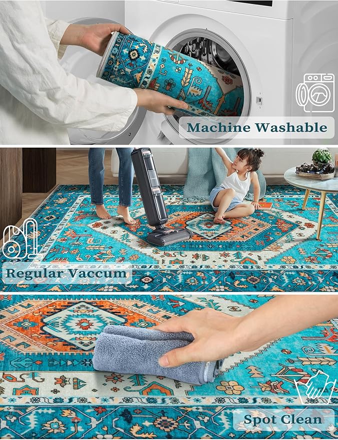 SERISSA Boho Washable Runner Rug, 2x6 Rug Runner Non-Slip Vintage Blue Hallway Kitchen Runner Rug Ultra Soft Print Distressed Tribal Floor Carpet Runner for Bedroom Bathroom Laundry Living Room
