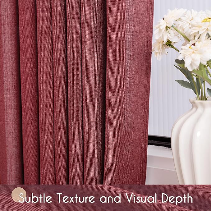 Burgundy Curtains for Living Room Back Tab Modern Farmhouse Semi Sheer Burgundy Curtains 120 inches Long 2 Panels Set Muted Neutral Window Curtain for Dining Room Bedroom 52x120