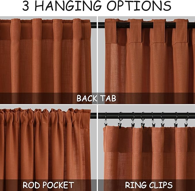 Terracotta Linen Curtains 102 Inches Long for Living Room 2 Panel Set Back Tab Rod Pocket Semi Sheer Curtains Light Filtering Burlap Extra Long Drapes Farmhouse Decor for High Window 40x102 Inch
