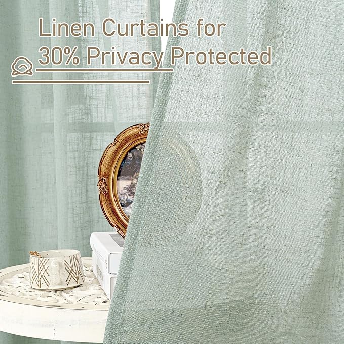 LAMIT Living Room Linen Curtains 95 Inch for Bedroom, Back Tab and Rod Pocket Linen Textured Sheer Curtains Light Filtering Burlap Drapes for Farmhouse, 2 Panels, 52 x 95 Inch, Light Sage