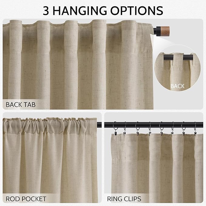 Nanspring Eggshell Beige Curtains 63 Inch Length for Living Room Linen Blend Luxury Light Filtering Semi Sheer Curtain Back Tab Rustic Decor Neutral Elegant Drapes for Bedroom Office 52x63, 2 Panels