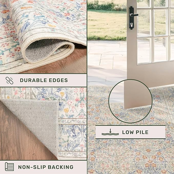 Large 3x4 Entryway Rug Indoor - Washable Non-Slip Low Pile Stain Resistance Ultra Thin Area Rug for Large Kitchen, Bedroom Beside Bed - Vintage Floral Botanical Beige Blue Decor