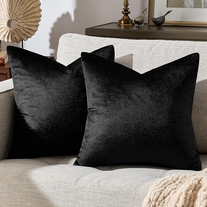 GIGIZAZA Black Velvet Pillow Covers 18x18,Decorative Square Throw Pillows Modern Covers Small Solid Living Room Pillow Cases for Couch Pack of 2