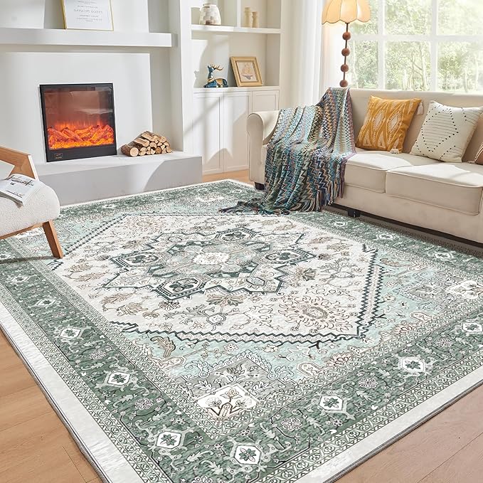 OPPODREAM Soft 8x10 Area Rugs, Washable Rugs 8x10 with Non Slip Backing, Faux Cashmere Low-Pile 8 x 10 Carpet, Green