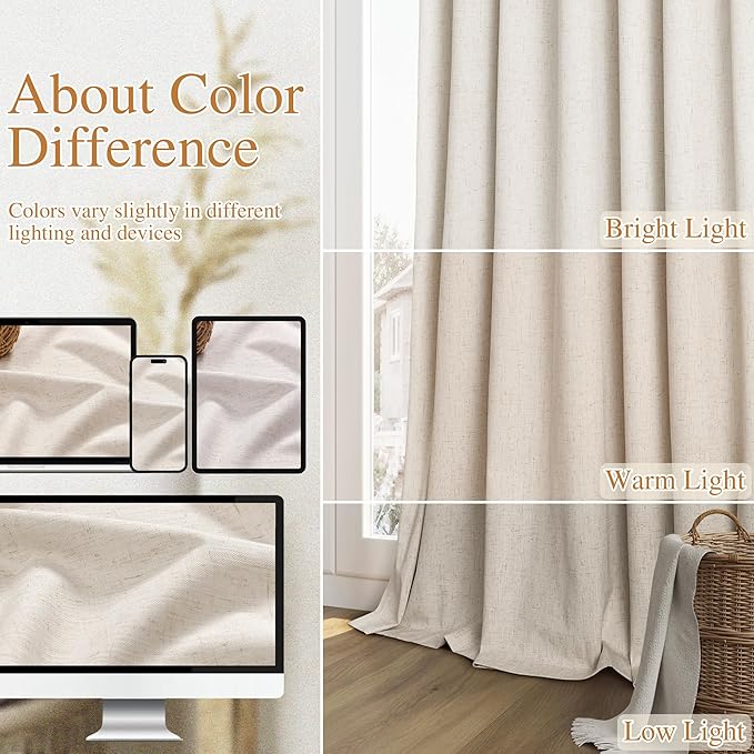 Guken 100% Blackout Linen Curtains 84 Inch Length 2 Panels Set for Living Room Bedroom Back Tab Thermal Insulated Black Out Drapes Room Darkening Farmhouse Style for Bedroom Window Curtains 52x84