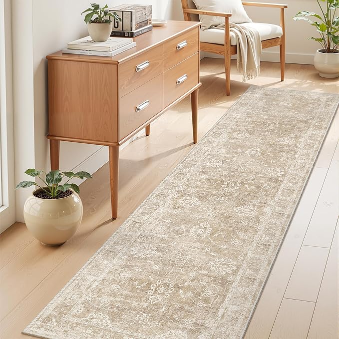 Madane Runner Rug 2x8 for Hallway, Kitchen Non-Slip Runner Rug with Rubber Backing, Vintage Soft Low Pile Throw Neutral Carpet Runner for Laundry Room Entryway Bathroom Bedroom (2 x 8, Beige/Brown)