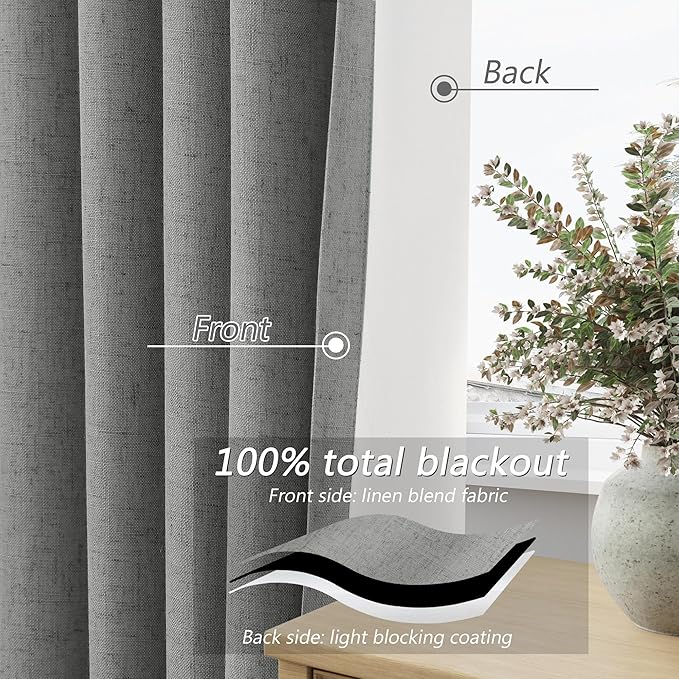 Guken 100% Blackout Linen Curtains 108 Inch Length 2 Panels Set for Living Room Bedroom Back Tab Thermal Insulated Black Out Linen Drapes Room Darkening Window Curtains,Dark Grey
