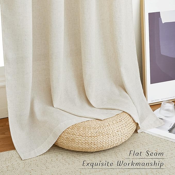 NICETOWN Linen Flax Semi Sheer Curtains 94" Length, Grommet Window Treatments Privacy Added with Light Penetration Vertical Drapes for Loft/Home Office, Natural, W55 x L94, 2 Panels