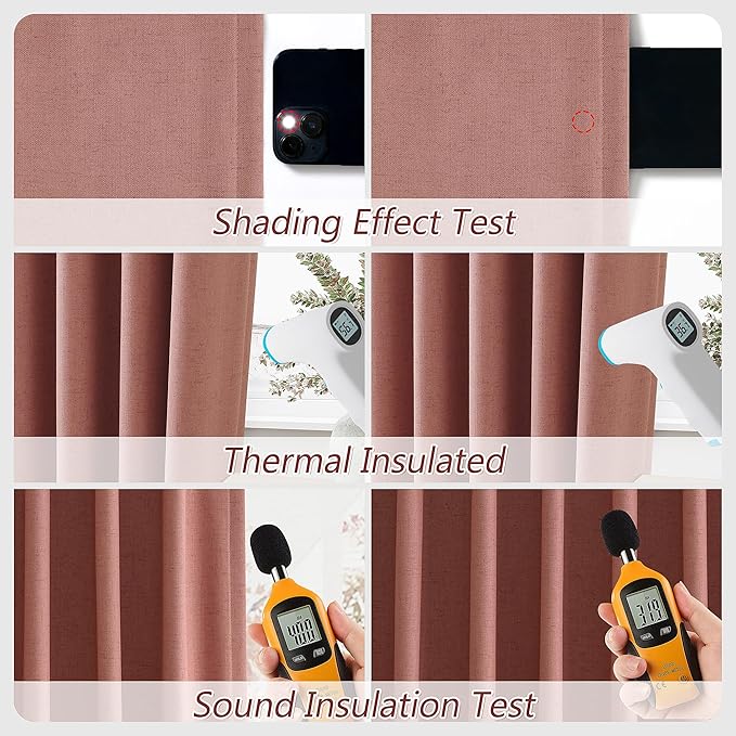 Dusty Rose 100% Blackout Linen Curtains 108 Inch Length 2 Panels Set for Girls Bedroom Back Tab Thermal Insulated Black Out Drapes Room Darkening Farmhouse Style for Bedroom Window Curtains 52x108