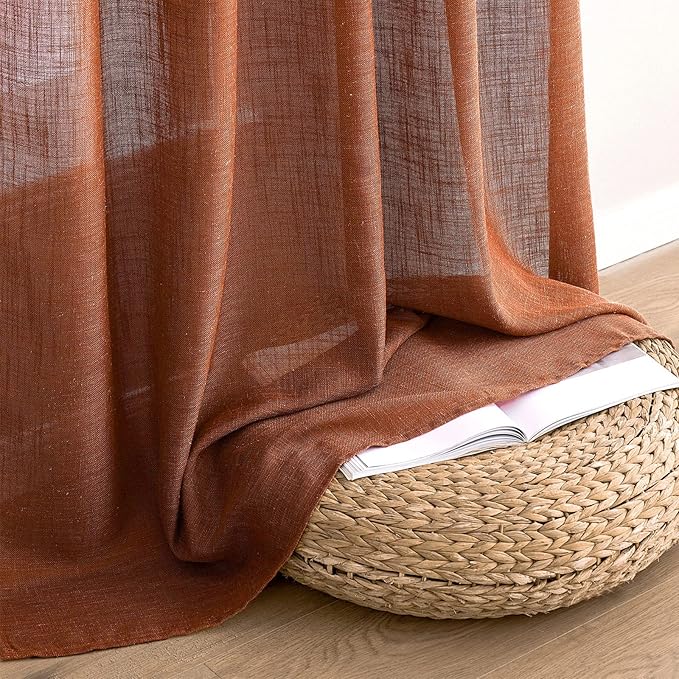 MIULEE Burnt Orange Linen Curtains 96 Inch Long for Bedroom Living Room, Soft Thick Linen Textured Window Drapes Terracotta Rust Boho Fall Decor Semi Sheer Light Filtering Back Tab 2 Panels