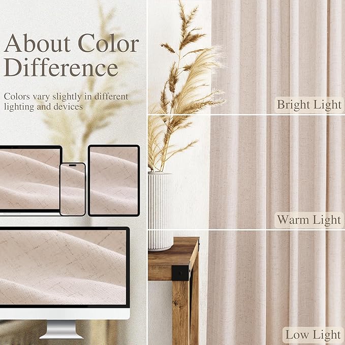 Nanspring Natural White Linen Curtains 120 Inches Long for Living Room Textured Neutral Farmhouse Privacy Sheer Curtains Back Tab Floor to Ceiling Curtain for Bedroom Office 52x120, 2 Panels