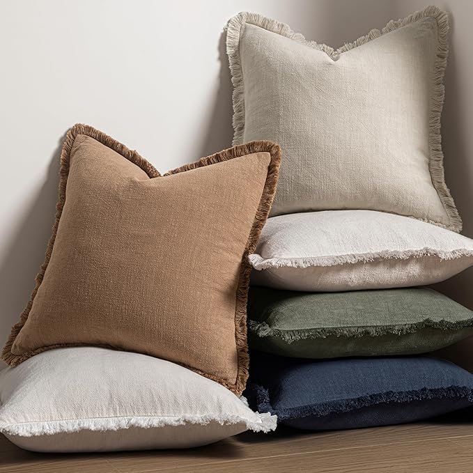 MIULEE Decorative Throw Pillow Covers Neutral Linen Fringe Throw Pillows Set of 2 Light Olive Green Boho Farmhouse Cushion Covers for Couch Sofa Bed Living Room Spring Home Decor 18x18 Inch