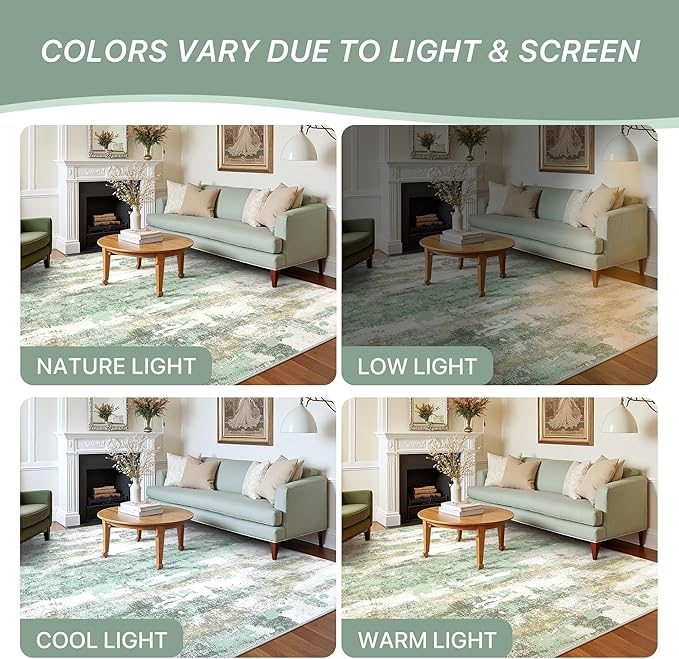 BEIMO Area Rugs 10x12 for Living Room Bedroom, Modern Abstract Machine Washable Rug, Large Soft Low Pile Floor Carpet with Non Slip Backing for Dining Room, Light Green