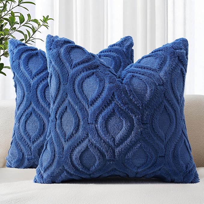 decorUhome Throw Pillow Covers 16x16 Inch Set of 2, Soft Plush Faux Wool Dark Blue Solid Couch Pillow Covers, Accent Farmhouse Neutral Square Pillow Cases for Sofa Bed Living Room