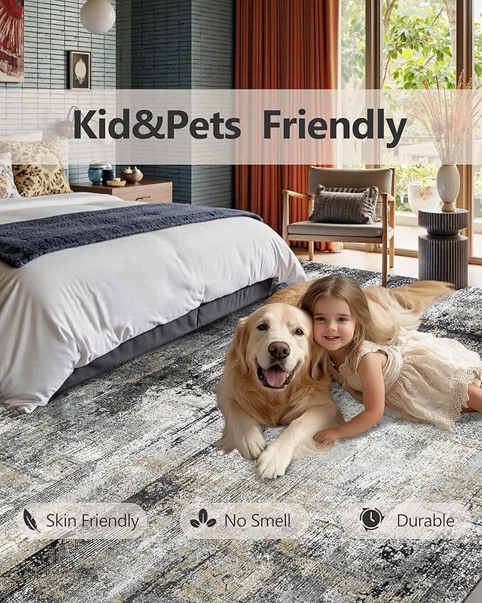 Latte&Fog 5x7 Area Rugs for Living Room Bedroom, Black Modern Abstract Neutral Washable Rug, Boho Non Slip Low Pile Carpet for Dining Room,Dorm,Classroom,College Dorm and Farmhouse - Black Gold