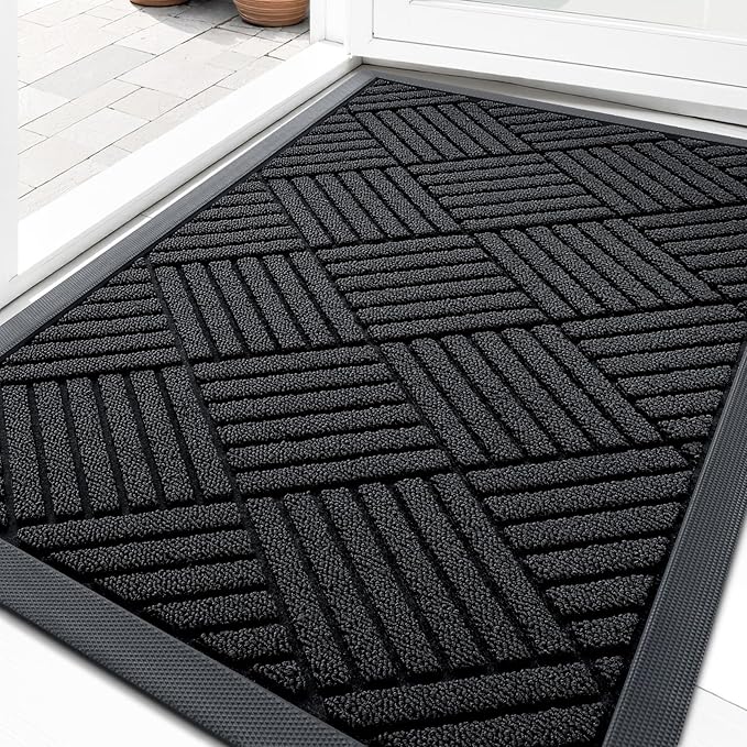 OLANLY Front Door Mat Outside Entrance 29.5x17, Absorbent, Heavy Duty Sturdy Natural Rubber Doormat Indoor Outdoor, Stain and Fade Resistant, Non-Slip Low Profile Floor Mat for Entryway, Black Diamond