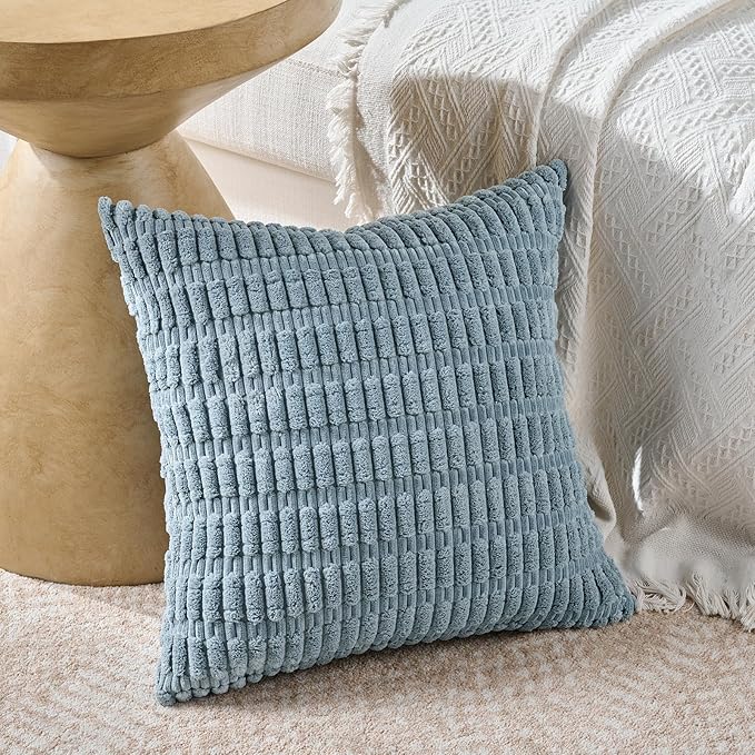 Fancy Homi 4 Packs Boho Light Blue Decorative Throw Pillow Covers 18x18 Inch for Couch Bed Sofa, Rustic Modern Farmhouse Home Decor, Soft Plush Corduroy Cute Square Cushion Case 45x45 cm