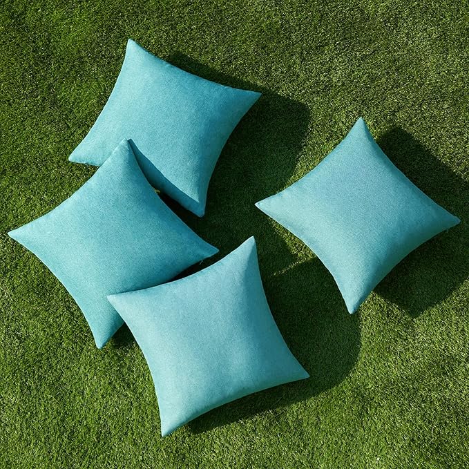 MIULEE Pack of 4 Decorative Outdoor Throw Pillow Covers Linen Waterproof Pillow Covers Farmhouse Cushion Cases for Patio Garden Tent Balcony Couch Sofa 16x16 inch Turquoise