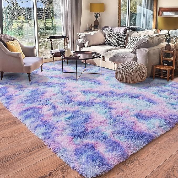 Rugs for Living Room 9x12, Soft Shaggy Modern Large Shag Area Rug for Bedroom, Upgrade Non-Slip Plush Fluffy Carpet for Kids Boys Girls Room Home Decor Aesthetic, Rainbow Purple