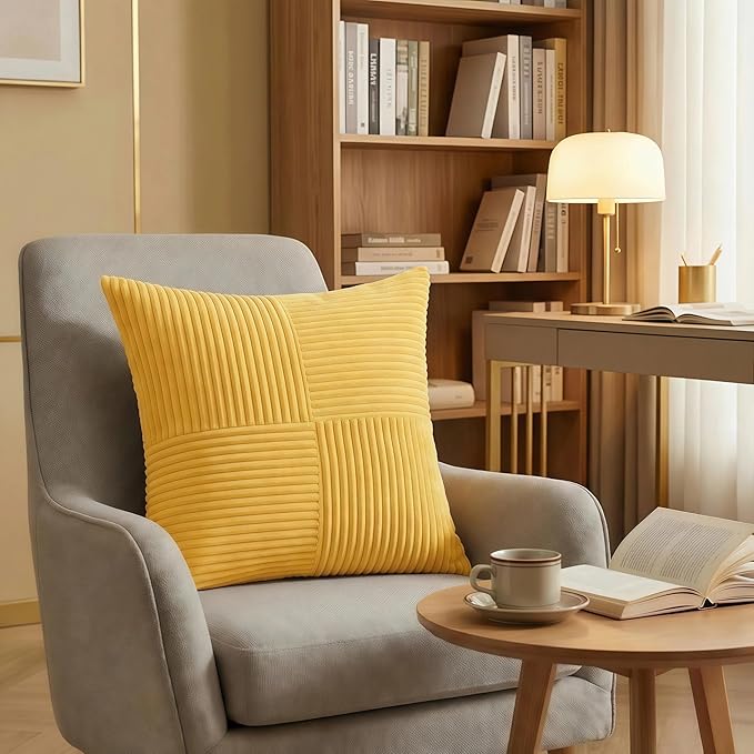 Fancy Homi 2 Packs Yellow Decorative Throw Pillow Covers 18x18 Inch for Living Room Couch Bed, Rustic Farmhouse Boho Home Decor, Soft Corss Corduroy Patchwork Textured Square Cushion Case 45x45 cm