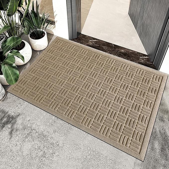 Mibao Front Door Mat Indoor Outdoor Entrance, Dirt Trapping Waterproof All-Season, All-Weather Doormat, Non-Slip Durable Natural Rubber Low Profile Easy Clean Patio Entrance Mat, 29.5" x 17", Beige