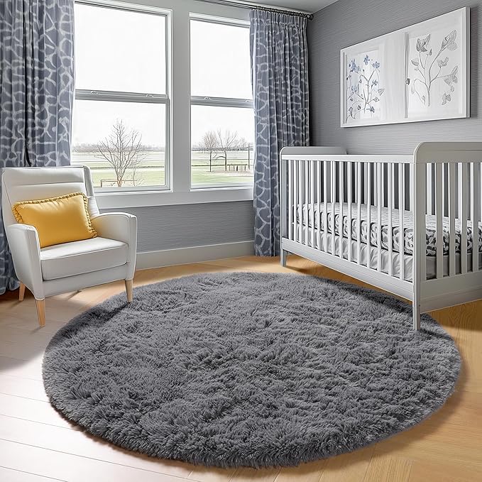 ONASAR Grey Round Rugs 7ft for Living Room, Fluffy Bedroom Circle Area Rug, Soft Plush Shaggy Carpet for Kids Girls Boys Teen Nursery Dorm Classroom Playroom Home Decor Aesthetic