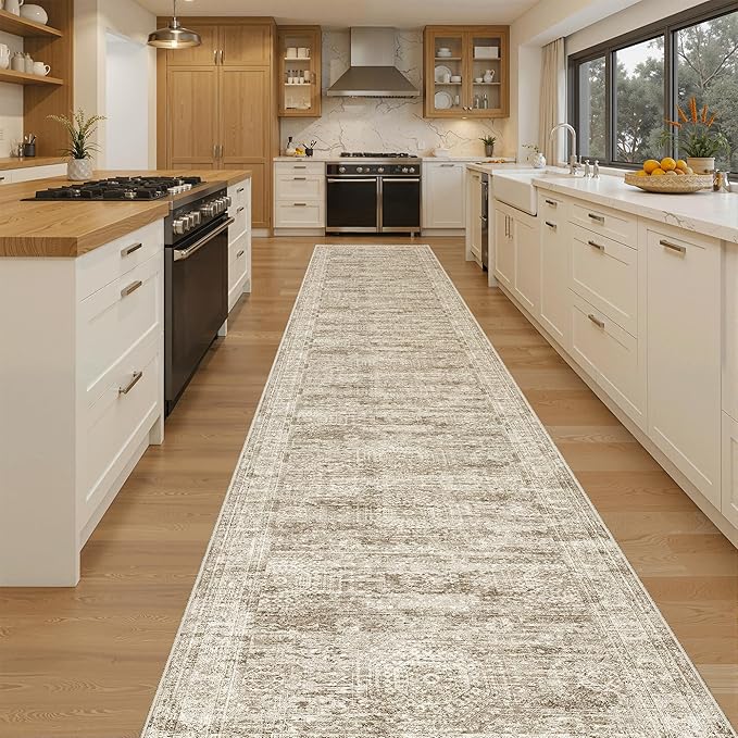 Runner Rug 2'6" x 16' Washable Non-Slip 2.5x16 ft Long Runner Rugs for Kitchen Bathroom Laundry Room Vintage Ultra Thin Runners for Hallway Entryway Brown