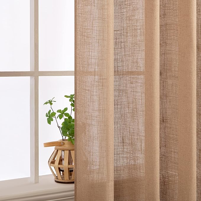MIULEE Brown Linen Curtains 84 Inch Length for Bedroom Living Room, Soft Thick Linen Textured Window Drapes Semi Sheer Light Filtering Back Tab Rod Pocket Burlap Look, 2 Panels, 37x84 Inches