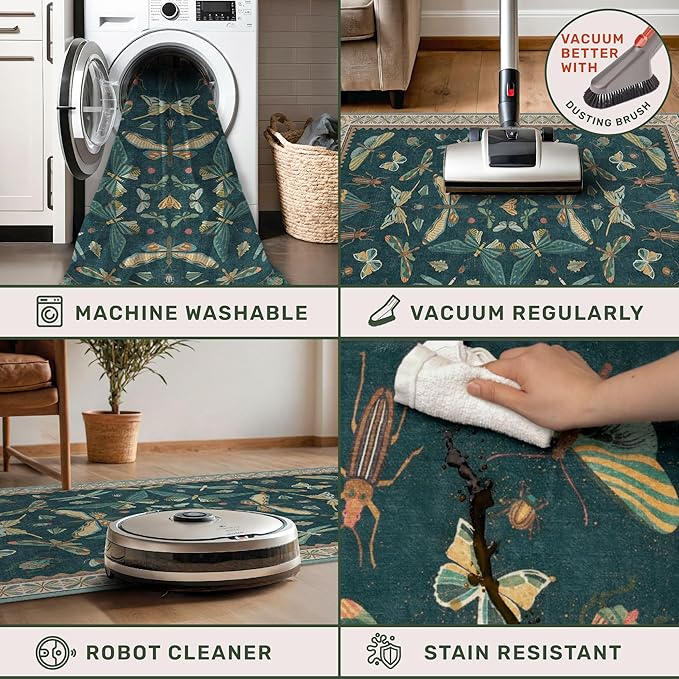 Vintage Teal Area Rugs for Living Room 6x8 - Floral & Butterfly Pattern Dining Rug, Low Pile Soft Bedroom Carpet, Washable Non Skid Rubber Backed, Forest Funky Home Décor