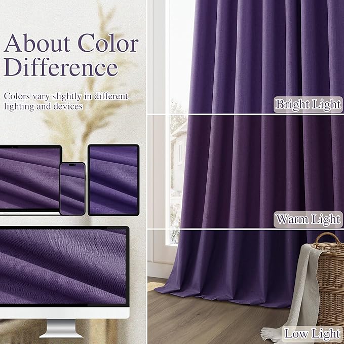 Guken 100% Blackout Curtains 120 Inch Length 2 Panels Set for Living Room Bedroom Back Tab Thermal Insulated Black Out Linen Drapes Room Darkening New Purple,52x120