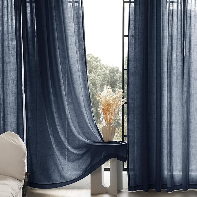 Navy Blue Curtains 120 inch Length for Bedroom Back Tab Light Filtering Semi Sheer Blue Living Room Curtains Linen Cotton Textured Indigo Blue Drapery Panel Modern Aesthetic Decor 60" Wx120" L