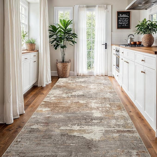 4x8 Washable Kitchen Runner Rug: Modern Abstract Wide Runners for Hallway Soft Non Slip Rugs with Rubber Backing Low Pile Thin Carpet for Entryway Bedroom Bathroom Laundry Indoor(Brown/Brick,4x8)