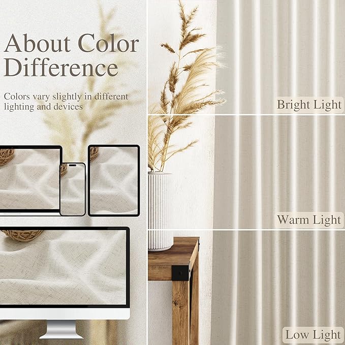 Nanspring Mousse White Linen Curtains for Living Room 108 Inches Long Simple Modern Light Filtering Semi Sheer Curtain Back Tab Coastal Decor Floor to Ceiling High Window for Bedroom 52x108, 2 Panels