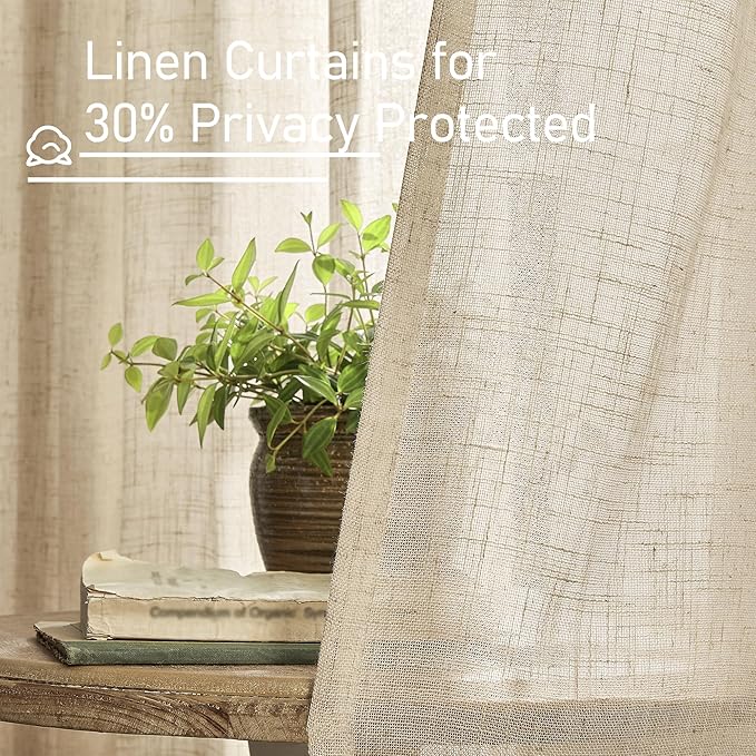 LAMIT Linen Blended Curtains for Bedroom, Faux Linen Textured Light Filtering Drapes Back Tab and Rod Pocket Boho Burlap Panels for Farmhouse/Living Room, 2 Panels, 52 x 80 Inch, Brown