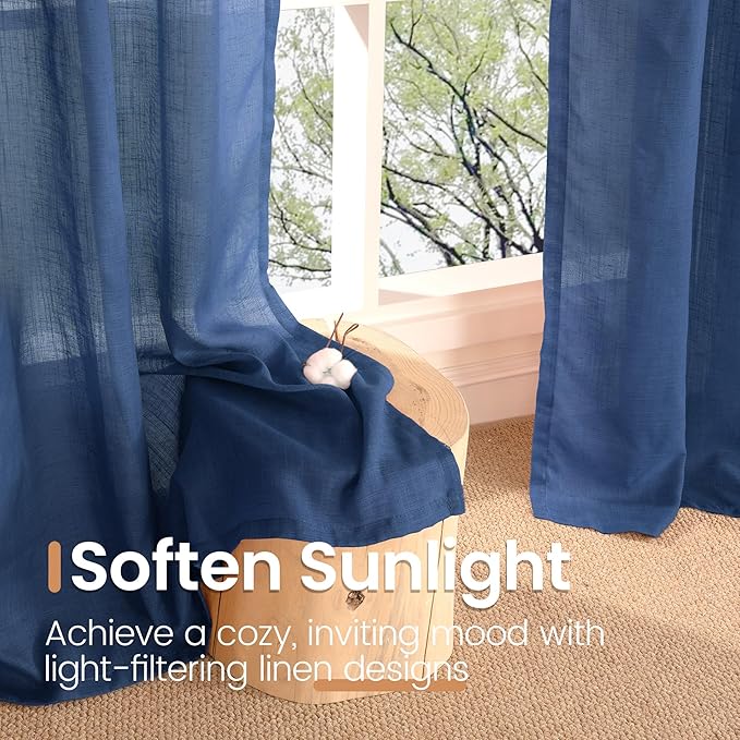 BGment Navy Blue Linen Curtains 84 Inch Length for Living Room, Semi Sheer Window Drapes Light Filtering for Bedroom Dining Decorative with Rod Pocket Lightweight, 2 Panels Set, Each 52 Inch Wide