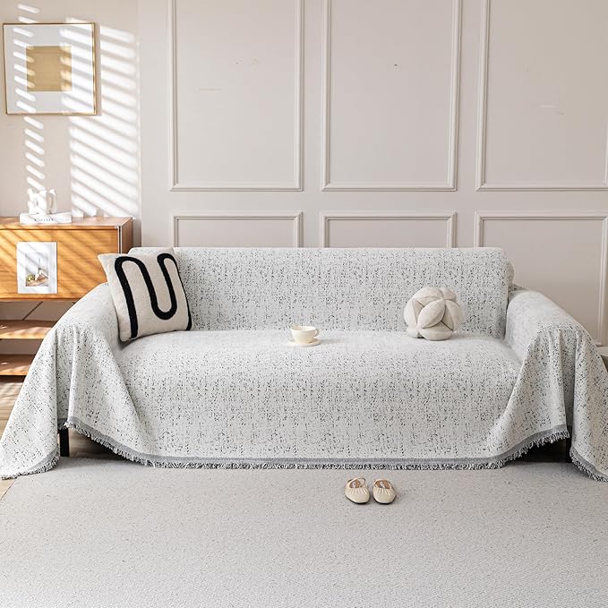 Boho Chenille Couch Cover for Dogs, Non Slip Sofa Cover, Couch Slipcover Covers for 3 Cushion, Furniture Protector with Tassels for Pets Washable, 71"x118", Speckled Grey