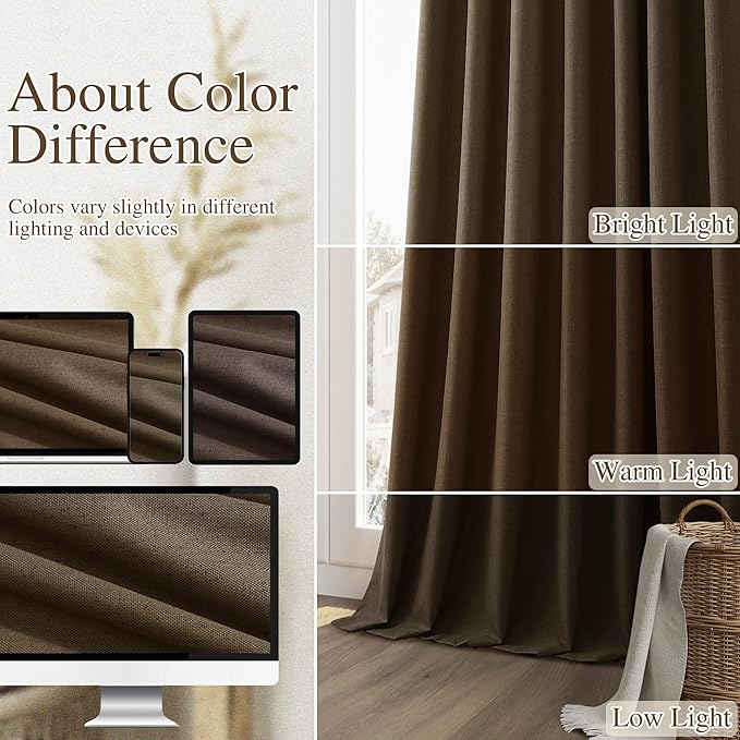 Guken Chocolate 100% Blackout Linen Curtains 102 Inch Length 2 Panels Set for Living Room Bedroom Back Tab/Rod Pocket Thermal Insulated Farmhouse Black Out Drapes Room Darkening,52x102