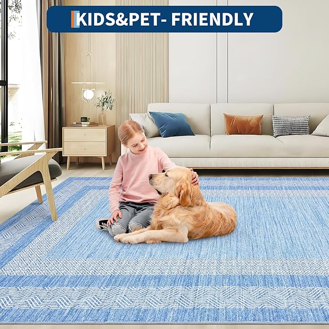 GarveeHome 8x10 Large Washable Area Rug Modern Bordered Distressed Geometric Floor Carpet, Soft Non Slip Low Pile Non Shedding Indoor Light Blue Carpet for Bedroom, Living Room