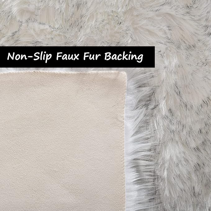 Goolela Sheepskin Area Rug 9x12 Fluffy Fuzzy Furry Rug for Living Room Bedroom Faux Fur Shaggy Plush Rectangle - White with Grey Tips