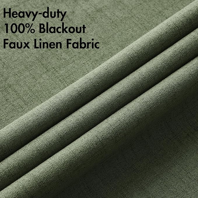 MIULEE 100% Blackout Linen Textured Curtains for Bedroom Solid Thermal Insulated Olive Green Grommet Room Darkening Curtains & Drapes Luxury Decor for Living Room Nursery 52 x 90 Inch (2 Panels)