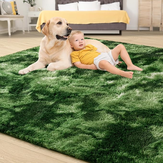 Tepook Soft Fluffy Rugs for Living Room, 5x8 Shaggy Area Rug for Bedroom, Modern Shag Rug Fuzzy Carpets for Kids, Plush Indoor Nursery Home Decor Rug with Non-Slip Bottom, Tie-Dyed Dark Green
