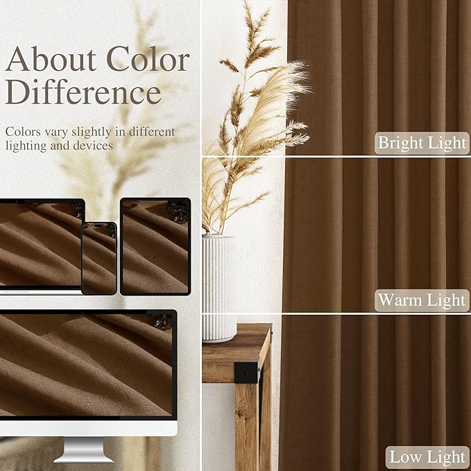 Tobacco Brown Linen Curtains 120 Inch Extra Long for Living Room Back Tab Light Filtering Semi Sheer Drapes Modern Farmhouse Decor Curtain for Floor to Ceiling High Window 52x120,2 Panels