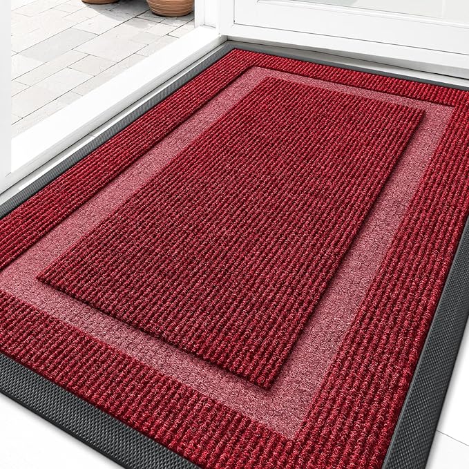 OLANLY Front Door Mat Indoor Outdoor Entrance, Waterproof All-Season, All-Weather Doormat, Sturdy Natural Rubber, Fade Resistant, Low Profile, Easy Clean Patio Porch Entryway Mat, 33x21, Wine Red