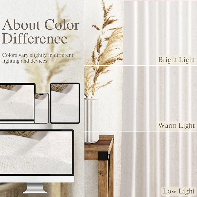 Ivory White Linen Curtains 102 Inches Long for Living Room 2 Panels Back Tab Pocket Natural Semi Sheer Extra Long Drapes Linen Soft Material Light Filtering Window Panel for Bedroom Curtain 52X102