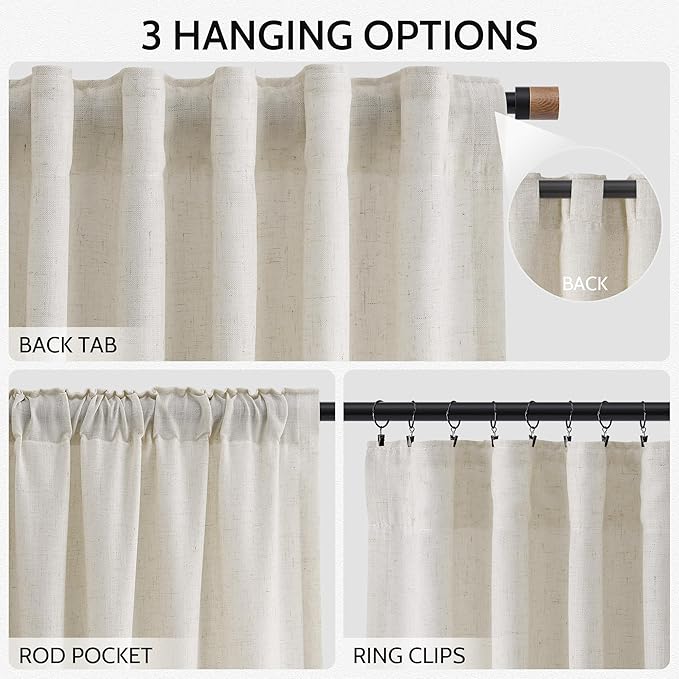 Nanspring Mousse White Linen Curtains for Living Room 108 Inches Long Simple Modern Light Filtering Semi Sheer Curtain Back Tab Coastal Decor Floor to Ceiling High Window for Bedroom 52x108, 2 Panels