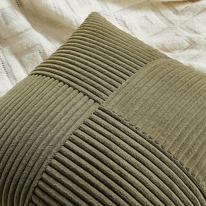 Fancy Homi 2 Packs Olive Green Lumbar Decorative Throw Pillow Covers 14x22 Inch for Living Room Couch Bed, Farmhouse Boho Home Decor, Soft Striped Corduroy Rectangle Accent Cushion Case 35x55 cm