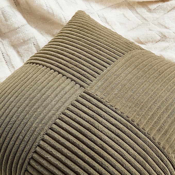 Fancy Homi 2 Packs Olive Green Samll Decorative Throw Pillow Covers 12x12 Inch with for Couch Bed Sofa, Rustic Farmhouse Boho Home Decor, Soft Corss Patchwork Corduroy Square Cushion Case 30x30 cm