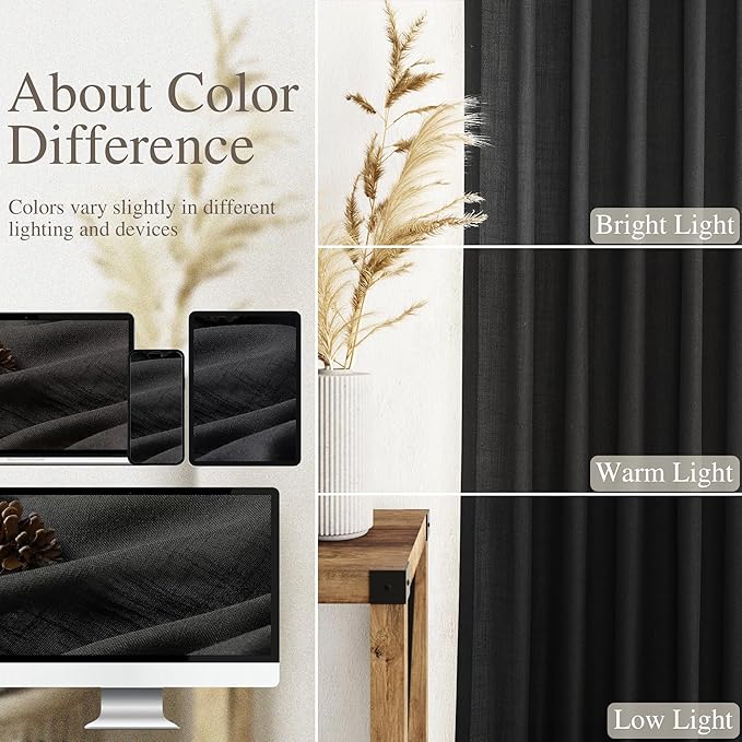 Black Linen Textured 96 Inch Curtains 2 Panel Set Back Tab Rod Pocket Sheer Light Filtering Boho Room Decor Aesthetic Curtains Burlap Look Curtain Drapes for Living Room Bedroom 8Ft 40x96 Inches