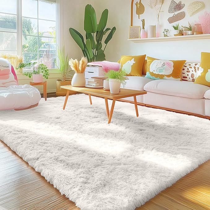 OLANLY 5x9 Machine Washable Large Area Rugs for Living Room, Bedroom, Soft Fluffy Shaggy Bedside Rug, Indoor Floor Carpet for Kids Girls and Boys, Dorms, Nursery, Home Decor Aesthetic, Ivory