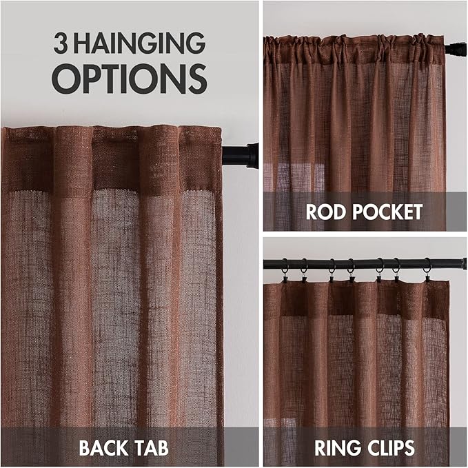 MIULEE Chocolate Brown Linen Curtains 96 Inch Long for Bedroom Living Room, Soft Thick Linen Textured Window Drapes Semi Sheer Light Filtering Back Tab Rod Pocket Burlap Look Decor, 2 Panels